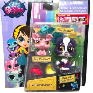 Hasbro Littlest Pet Shop #3757 Shep Shetland Collie Dog #3758 Bitsy Mudinsky